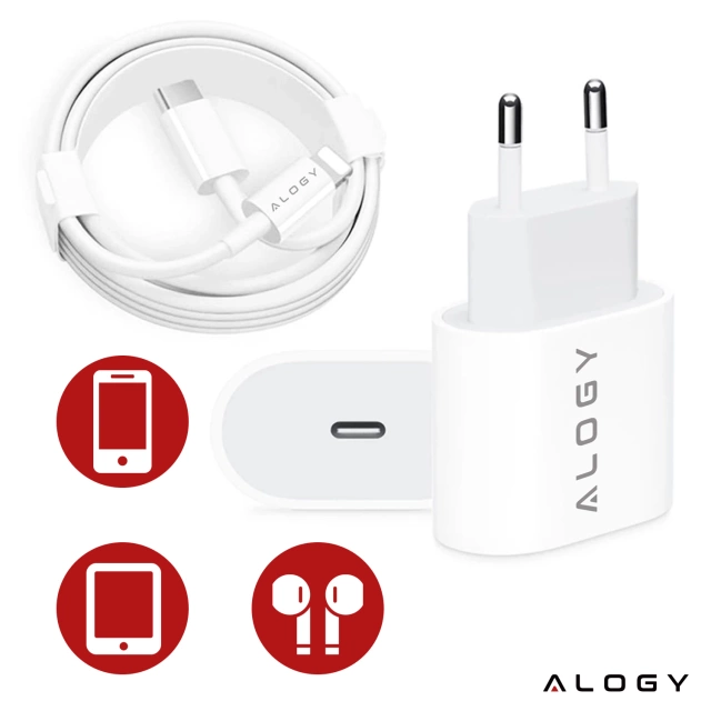 Ładowarka sieciowa Alogy szybka USB-C PD 20W + Kabel 1m przewód Lightning do iPhone Biały