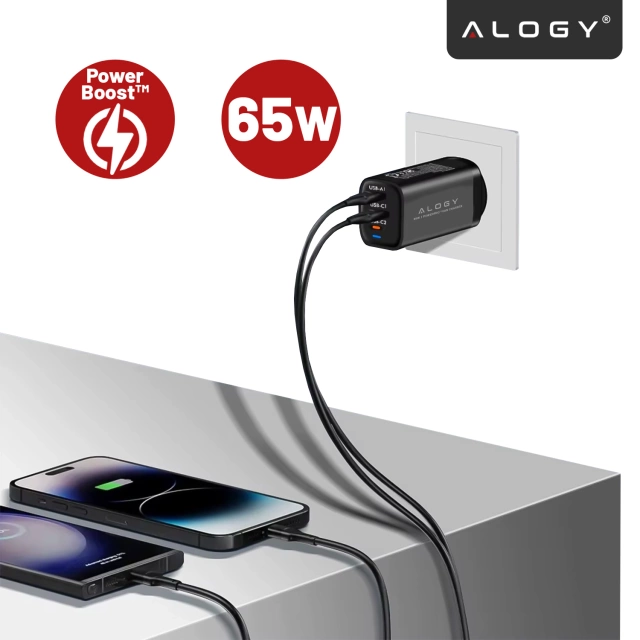 Ładowarka Sieciowa Szybka 3w1 do telefonu do Samsung do iPhone GaN3 65W PD i QC, Porty 2x USB-C 65W + USB-A 30W, Alogy GaNCharge Compact™ – Czarna