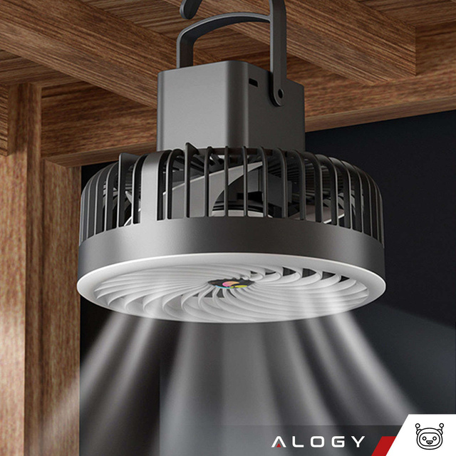 Wiatrak wentylator biurkowy z lampką LED 2w1 Alogy przenośny wiszący stojący Bezprzewodowy Hanging Outdoor Mini Fan uchwyt na haczyk Czarny
