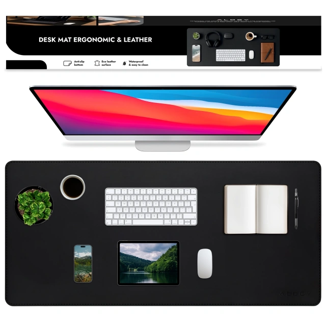 Podkładka na biurko 80×40 cm – antypoślizgowa mata ochronna z eleganckiej ekoskóry PU, pod mysz i klawiaturę, stylowa i trwała – Alogy WorkMat™ Czarna