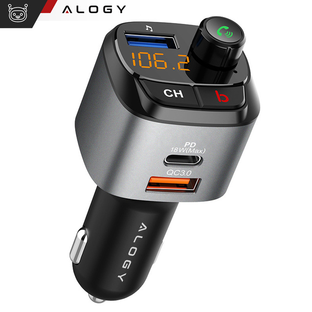Transmiter samochodowy FM Alogy Ładowarka USB QC 3.0 + USB-C PD Bluetooth odtwarzacz MP3 + Kabel 1m USB-C do Lightning + Etui