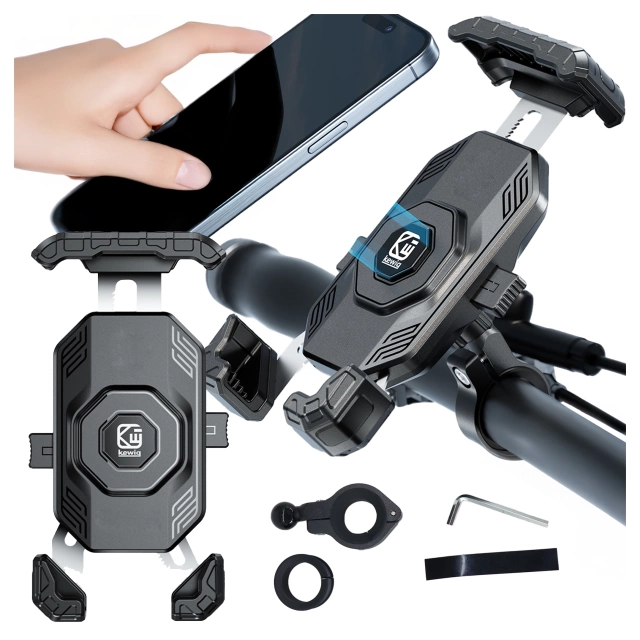 Uchwyt Motocyklowy na Telefon Kewig do Kierownicy i Lusterka, Antywstrząsowy z Systemem Antywibracyjnym, Rotacja 360°, Kompatybilny z Telefonami 5.4–7" – Czarny
