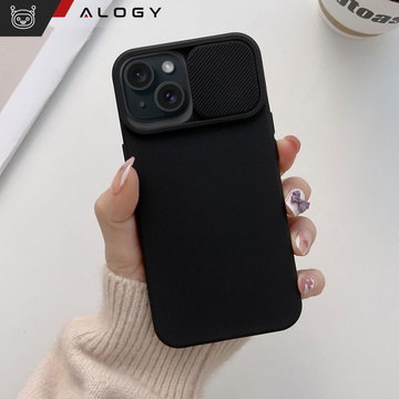 Hülle für iPhone 15 Plus Slide Case mit Objektivabdeckung, Kameragehäuse, mattschwarz Alogy Soft Matt