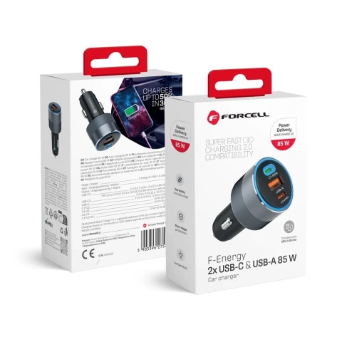 Ładowarka samochodowa Forcell 85W 2xUSB-C + USB-A Szybkie Ładowanie