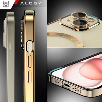 Etui MagSafe Case do iPhone 15 Plus Glamour Luxury obudowa Slim Ring Alogy Złoty przezroczysty + Szkło