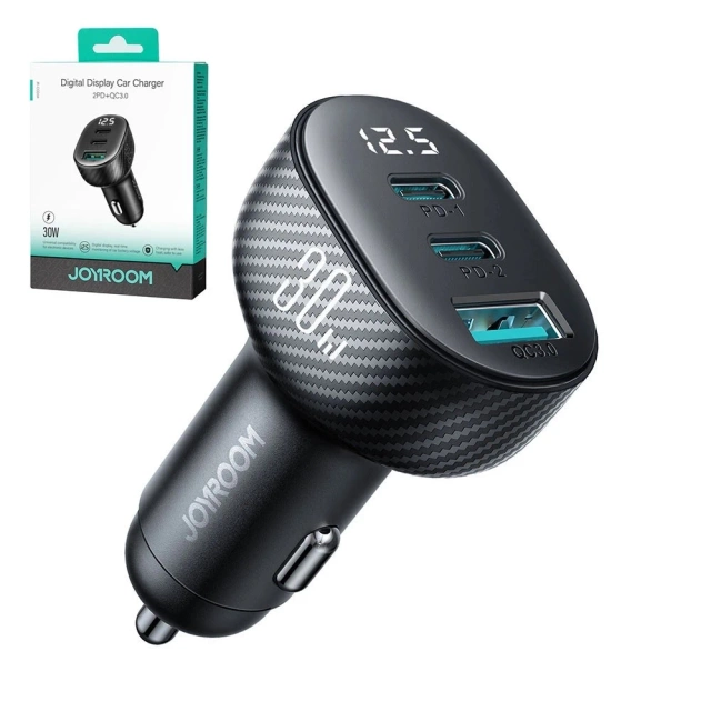 Ładowarka samochodowa Joyroom JR-CCD04 30 W 2× USB-C & USB-A z wyświetlaczem – czarna