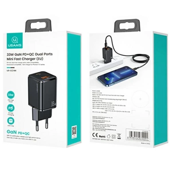 USAMS Ładowarka sieciowa 1xUSB-C+1xUSB T43 33W PD3.0 +QC3.0 + kabel U63 USB-C na lightning czarny/black USKTZ01