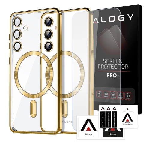 Etui do Samsung Galaxy S24 FE Alogy LuxeShield™️ Glamour Luxury Ring obudowa do MagSafe z osłoną aparatów Złote + szkło hartowane
