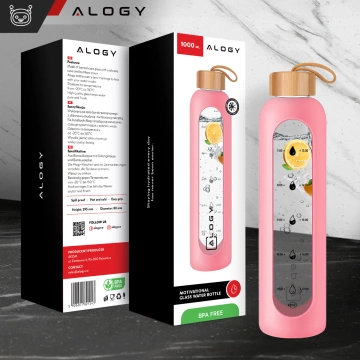 Große Glasflasche Trinkflasche Alogy Motivational Messbecher 1l 1000ml Silikonhülle Pink