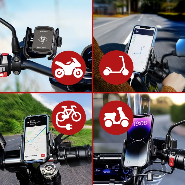 Uchwyt Motocyklowy na Telefon z Szybkim Ładowaniem 36W USB-C PD Kewig do Kierownicy i Lusterka, Rotacja 360°, Kompatybilny z Telefonami 5.4–7" - Czarny