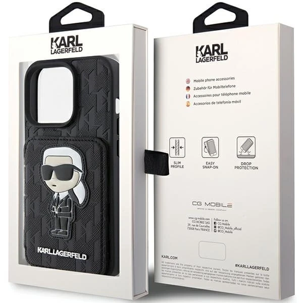 Etui Karl Lagerfeld KLHCP15LSAKKNSCK do iPhone 15 Pro 6.1" czarny/black hardcase Saffiano Cardslots and Stand Monogram Ikonik Patch