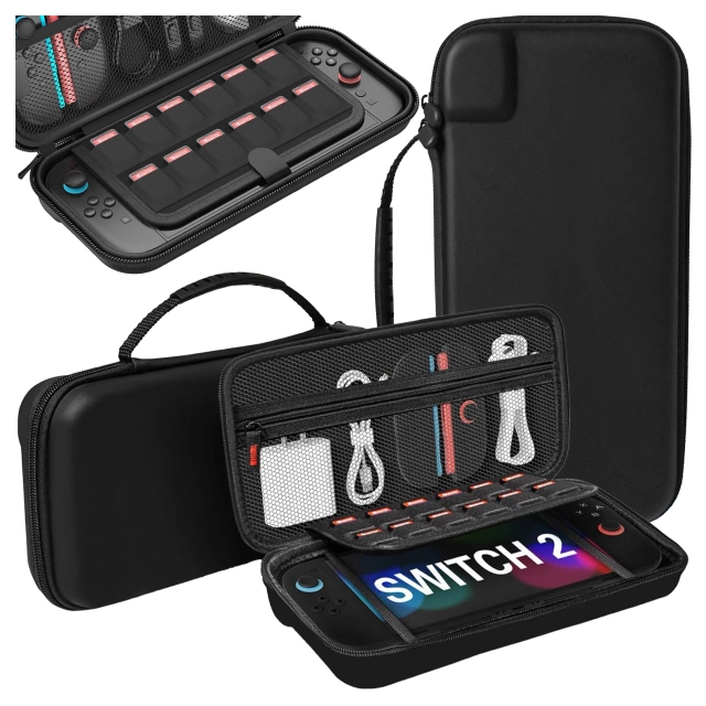 Pokrowiec Etui do Nintendo Switch 2 2025 Torba Ochronna Twarda EVA, Wodoodporna, Lekka, z Uchwytami i przegrodami akcesoria Alogy HardFoamBag™ – Czarna + 2X SZKŁO HARTOWANE