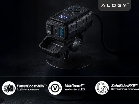 Alogy MotoCharge Pro™ Motorradladegerät mit Display, 36 W PD QC 3.0 Schnellladung, USB-A- und USB-C-Anschlüsse, wasserdicht und robust, Schwarz