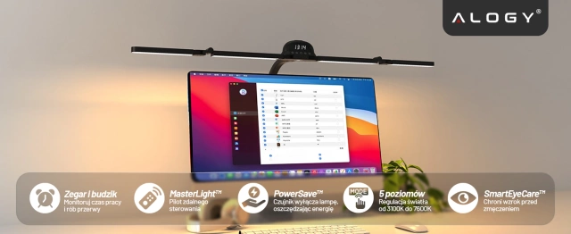 Lampa Biurkowa LED RGB do Monitora ze Składaną Konstrukcją, Regulowaną Jasnością i Pełnym Spektrum Światła, z Mocowaniem do Blatu, Ochrona Oczu, Alogy VisionBar™ – Czarna