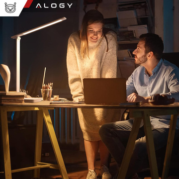 Alogy Schreibtischlampe mit 2 Steckdosen, 2 USB-Anschlüssen, weißer LED-Ladeleuchte und Handyhalterung