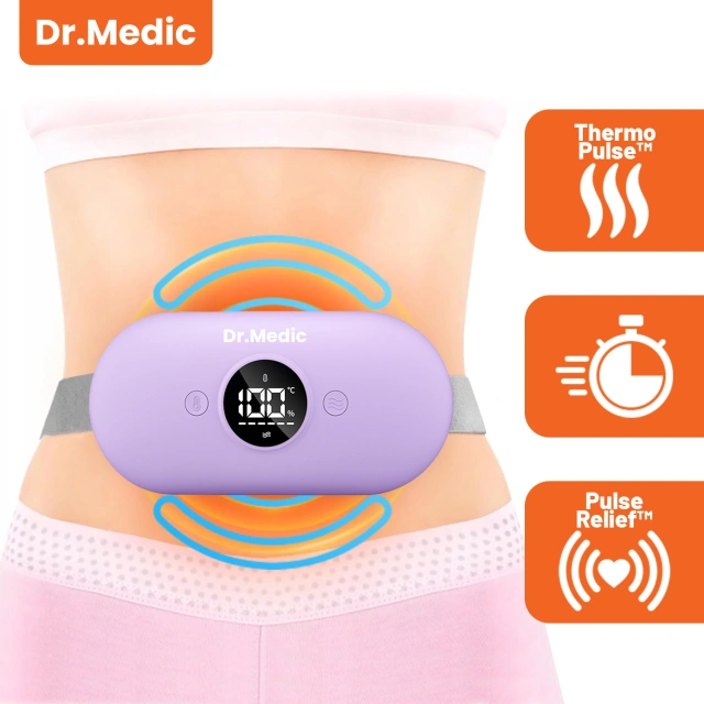 Pas Grzejący z Masażerem na okres i plecy - przeciwbólowy, ciepło + wibracje, 6 poziomów intensywności, akumulator 1800 mAh - Dr.Medic ThermoPulse™ Fioletowy