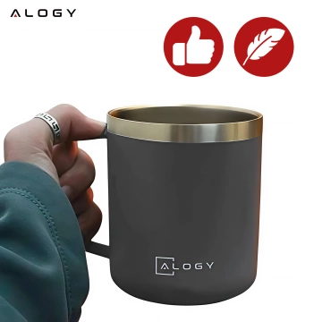 Thermobecher 420 ml mit Henkel und Deckel für Kaffee, Tee, Stahl, Kalt- und Heißgetränke Alogy Grey