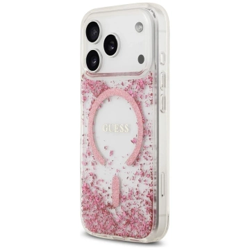 Etui Guess MagSafe do iPhone 17 Pro Resin Bottom Glitter Pink