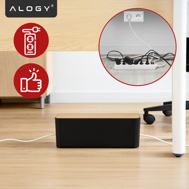 Organizer Pojemnik na Kable i Listwy, Pudełko Biurkowe i Podłogowe Rozmiar L, Estetyczne Wykończenie Drewno, Alogy CableBox™ – Czarny