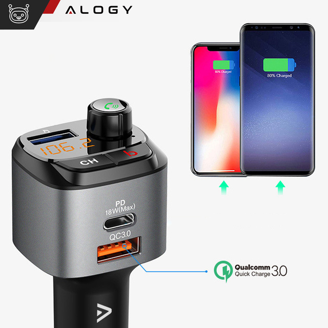 Transmiter samochodowy FM Alogy Ładowarka USB QC 3.0 + USB-C PD Bluetooth odtwarzacz MP3 + Kabel 1m USB-C do Lightning + Etui