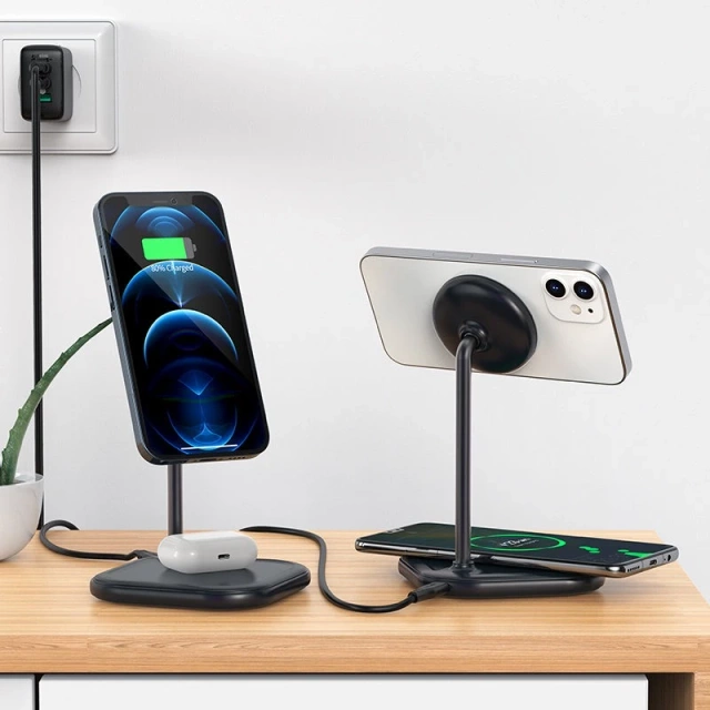 Acefast 15W Qi Kabelloses Ladegerät für iPhone (mit MagSafe) und Apple AirPods Stand Stand Magnethalterung Grau (E6 Grau)