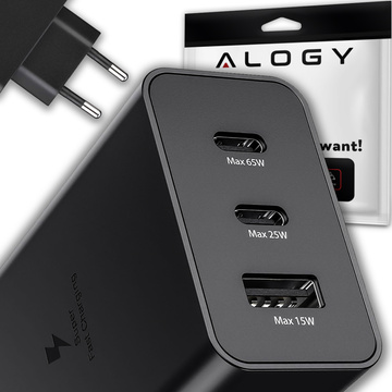 Schnelles 65-W-Ladegerät, 2 x USB-C Typ C PD, USB-A, USB Alogy, 3 Anschlüsse, starkes schwarzes Gehäuse