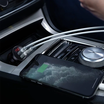 Baseus Autoladegerät 2x USB 4.8A 24W mit LCD Kabel 3in1 USB - USB Type C / Micro USB / Lightning 1.2m schwarz (TZCCBX-0G)