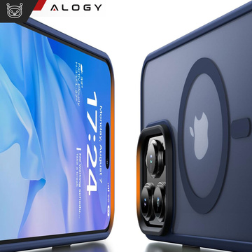 Hülle für iPhone 15 Pro MagSafe Matt Case Cover mattiert Alogy Ring gepanzerte Handyhülle Marineblaues Glas