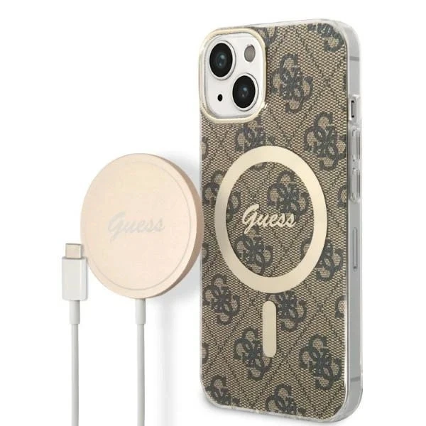Zestaw Guess GUBPP14MH4EACSW Case Charger iPhone 14 Plus 6,7" brązowy/brown Hard Case 4G Print MagSafe