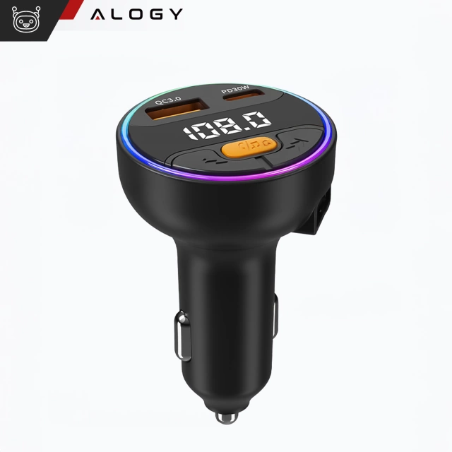 Transmiter samochodowy z Ładowarką Alogy PowerTune USB-A USB-C szybkie ładowanie PowerDelivery PD30W Quick Charge QC3.0 Czarny