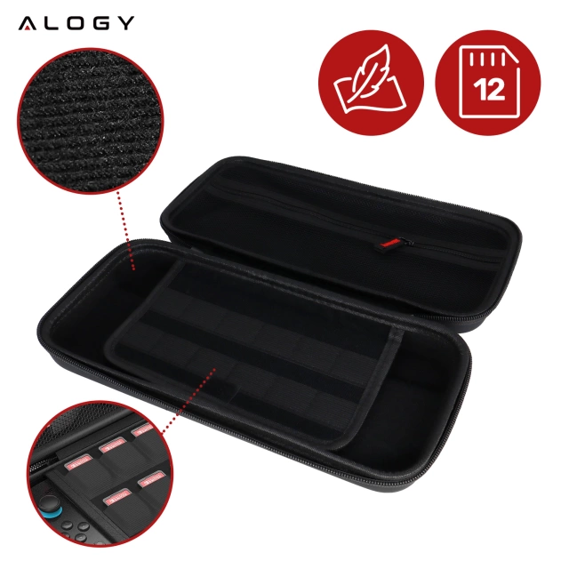 Pokrowiec Etui do Nintendo Switch 2 2025 Torba Ochronna Twarda EVA, Wodoodporna, Lekka, z Uchwytami i przegrodami akcesoria Alogy HardFoamBag™ – Czarna + 2X SZKŁO HARTOWANE