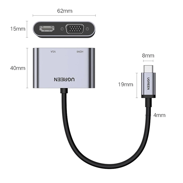 Adapter Ugreen CM162 USB-C HDMI VGA USB-A 3.0 PD 100W 4K Szary