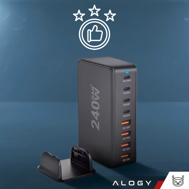 Ładowarka sieciowa 8w1 Ultra Szybka 240W GaN3 4x USB-C 4x USB Alogy Fast Charger Czarna