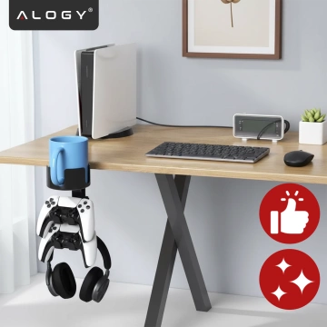 Uchwyt do biurka wielofunkcyjny – na kubek, pady i słuchawki, mocowanie do blatu, antypoślizgowy i stabilny – Alogy DeskClamp™ Czarny