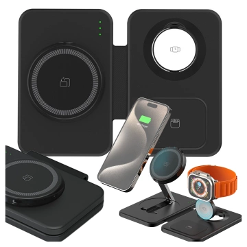 Alogy MagCharge Faltbares Pro 3-in-1 Kabelloses Ladegerät mit MagSafe für Apple iPhone, Watch und AirPods, Schwarz