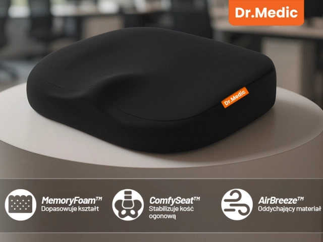 Poduszka na fotel DR.MEDIC ComfySeat™ Ergonomiczna siedzisko biurowe wsparcie kości ogonowej na krzesło do biura auta samochodu Czarna