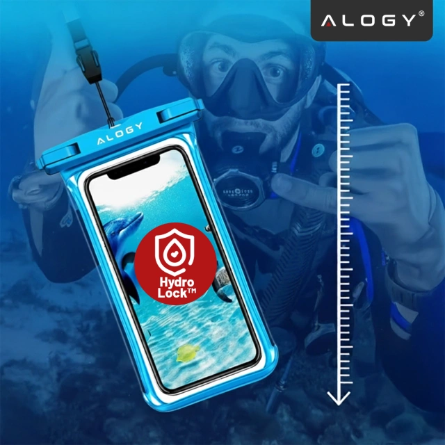 Etui Wodoodporne Uniwersalne IPX8 do Telefonów do 6.5", Wodoszczelna Ochrona na Plażę, Basen i Kajak, Dotykowy Front i Pasek na Szyję, Alogy HydroShield™ – Niebieskie