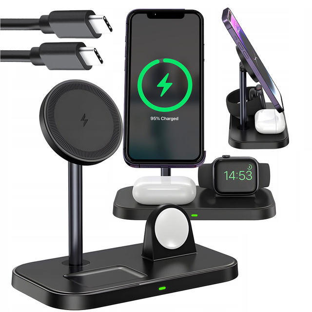 Ładowarka indukcyjna Qi Mag Safe 15W do iPhone Apple Watch AirPods 3w1 bezprzewodowa stojak podstawka stacja Czarna