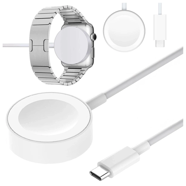 Kabel ładowarka indukcyjna Qi do Apple Watch – magnetyczna, złącze USB-C Type-C, szybkie i stabilne ładowanie, długość 1m 100cm, Alogy WatchCharge™ Biała