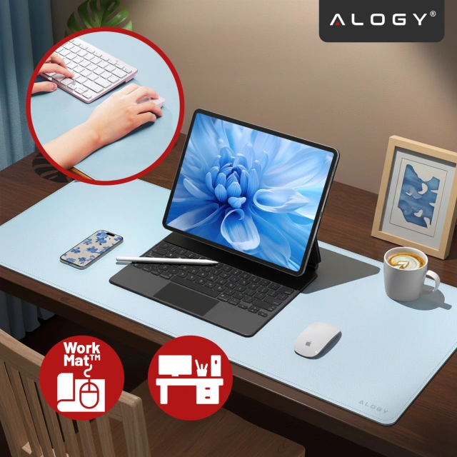 Podkładka na biurko 80×40 cm – antypoślizgowa mata ochronna z eleganckiej ekoskóry PU, pod mysz i klawiaturę, stylowa i trwała – Alogy WorkMat™ Niebieska
