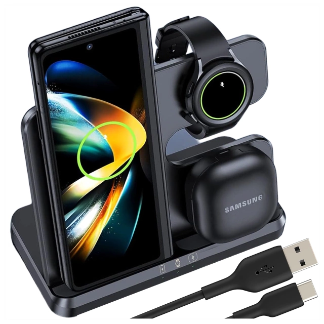 Ładowarka Bezprzewodowa Indukcyjna 3w1 Qi 3.0 Szybka do Samsung S22 S23 S24 S25 Galaxy Watch Buds Stacja czarna