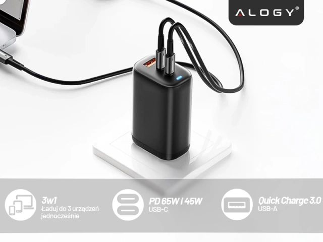 Ładowarka Sieciowa Szybka 3w1 do telefonu do Samsung do iPhone GaN3 65W PD i QC, Porty 2x USB-C 65W + USB-A 30W, Alogy GaNCharge Compact™ – Czarna