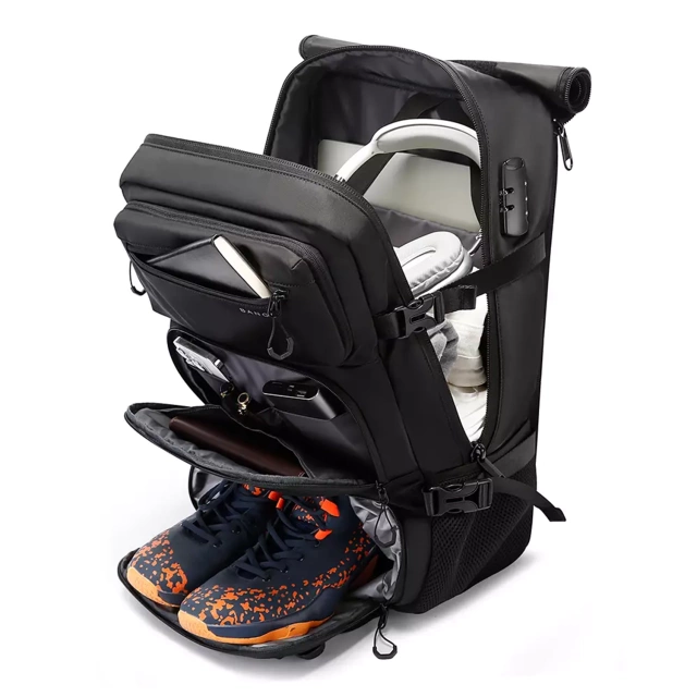 Plecak Antykradzieżowy wodoodporny Bange 30L miejski podróżny 51x32x20 cm do pracy samolotu męski damski z zamkiem szyfrowym i odpinaną saszetką Czarny