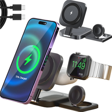 Qi Mag Safe 15W induktives Ladegerät für iPhone Apple Watch AirPods kabellose 3in1 Dockingstation schwarz