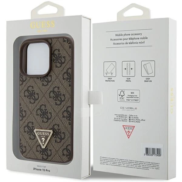 Etui Guess GUHCP15LP4TDPW do iPhone 15 Pro 6.1" brązowy/brown hardcase Leather 4G Triangle Strass