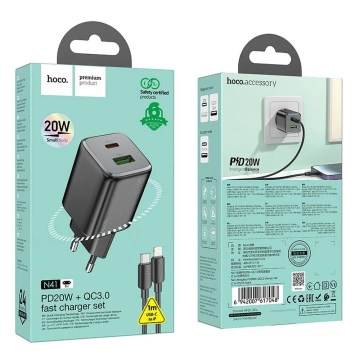 Ładowarka Hoco N41 GaN 20W USB-C + USB-A + Kabel USB-C Lightning