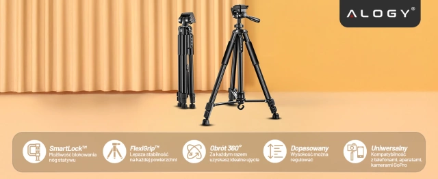 Statyw Fotograficzny Tripod Uniwersalny stojak do Kamer 1/4 uchwyt na telefon aparat 170cm Alogy Czarny