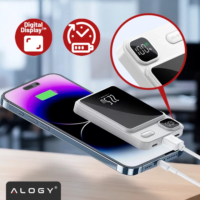 PowerBank Bezprzewodowy 10000mAh z Technologią MagSafe, Szybkie Ładowanie 22.5W PD20W, Kompaktowy i Magnetyczny, Alogy MagCharge™ – Biały