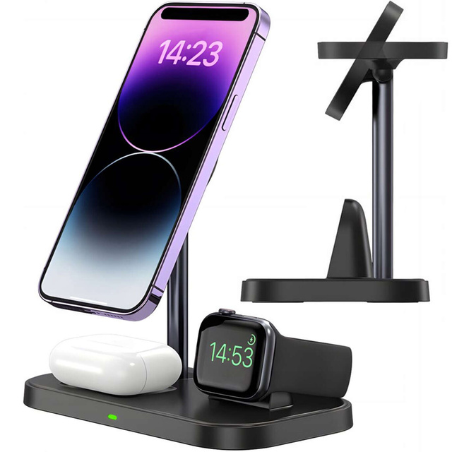 Ładowarka indukcyjna Qi Mag Safe 15W do iPhone Apple Watch AirPods 3w1 bezprzewodowa stojak podstawka stacja Czarna