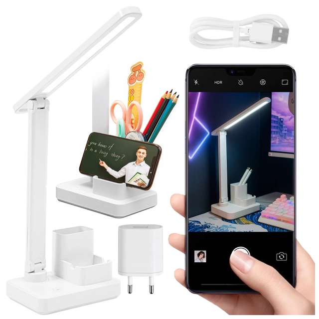Lampka biurkowa nocna LED – akumulator 2400 mAh, organizer na długopisy i telefon, regulowane światło, idealna na biurko i do nauki – Alogy Light&Organize™ Biała